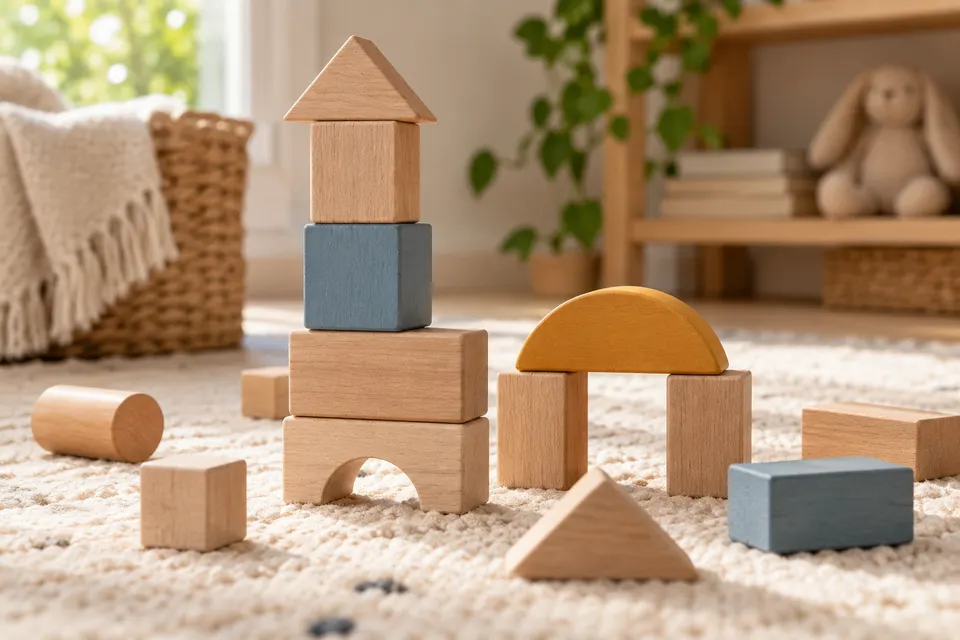 Holzbausteine als Turm und Bogen auf einer hellen Spielunterlage