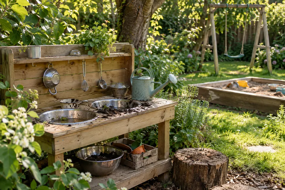 Matschküche mit Schüsseln im Garten
